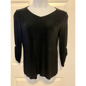 Chico's Travelers 2 Top US 12 14 Pullover Black Slinky Shirt 3/4 Roll Up Sleeves